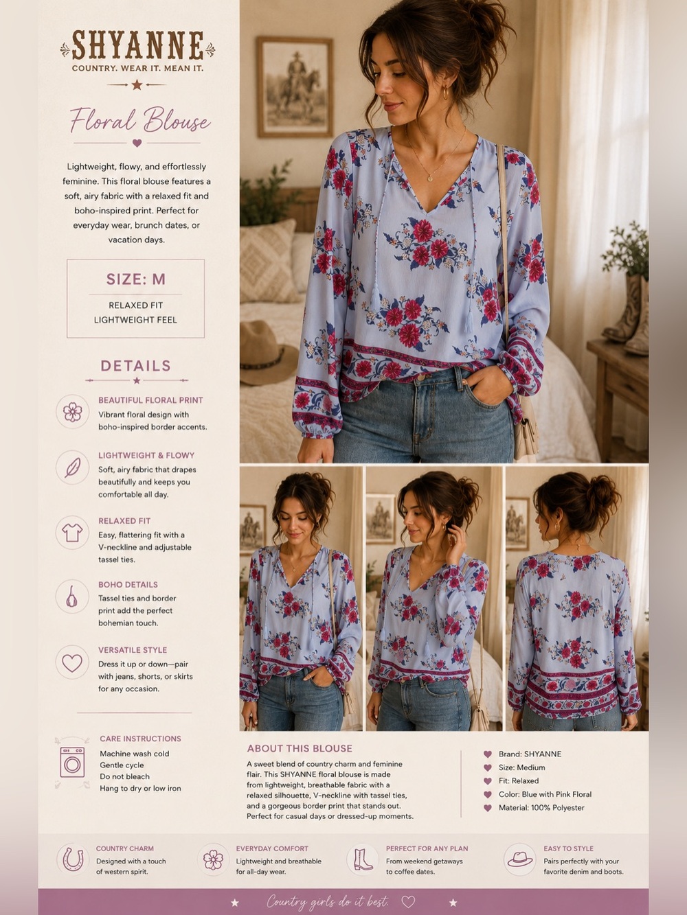 Shyanne Light Blue V-Neck Floral Boho Blouse with Pink Accents